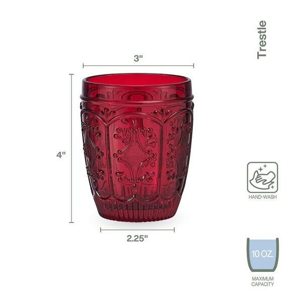 2 Ruby Red Pattern Lowball Old Fashioned Whiskey Double Rocks Tumblers Trestle - Picture 6 of 6